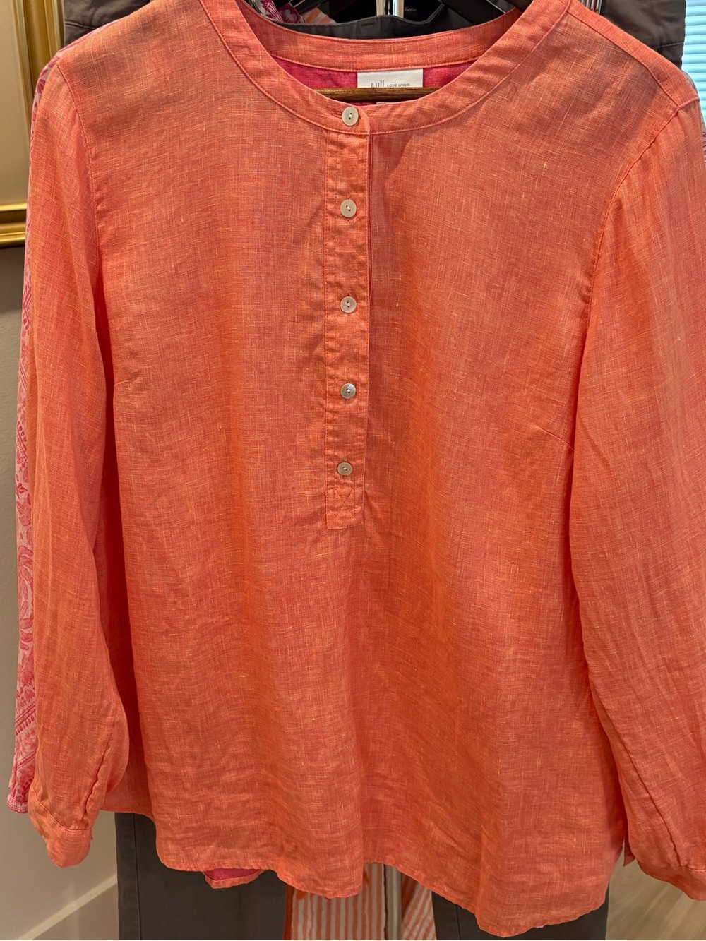 J. Jill Linen Orange Band Collar Button Popover Long Sleeve Top Sz Medium Tall - Picture 2 of 13